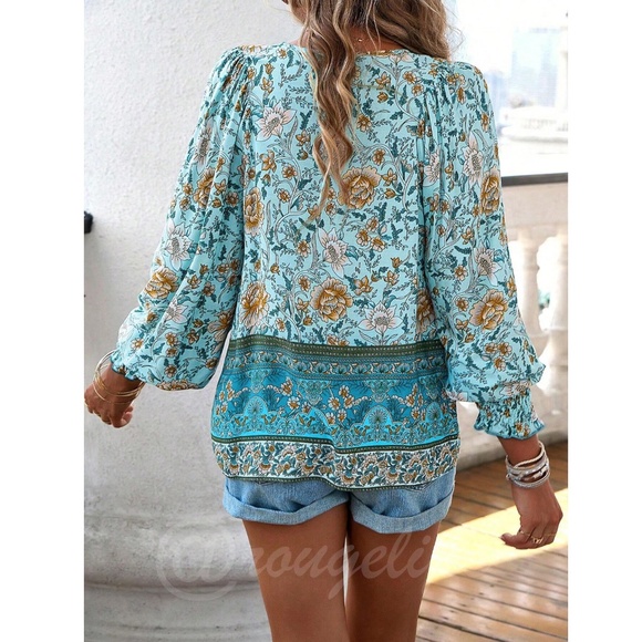 Blue Floral Printed Boho Long Sleeve Blouse Loose Fit Neck Ties - Picture 3 of 8